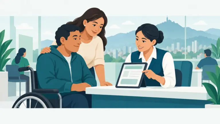 Tekerlekli sandalyedeki bir kişinin ve yakınının destek hakkında bilgi aldığı bir illüstrasyon
