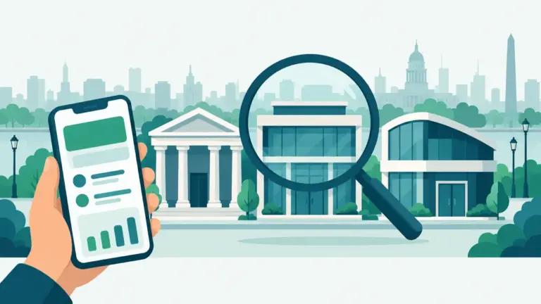 Ilustración de una lupa comparando bancos y financieras en Buenos Aires