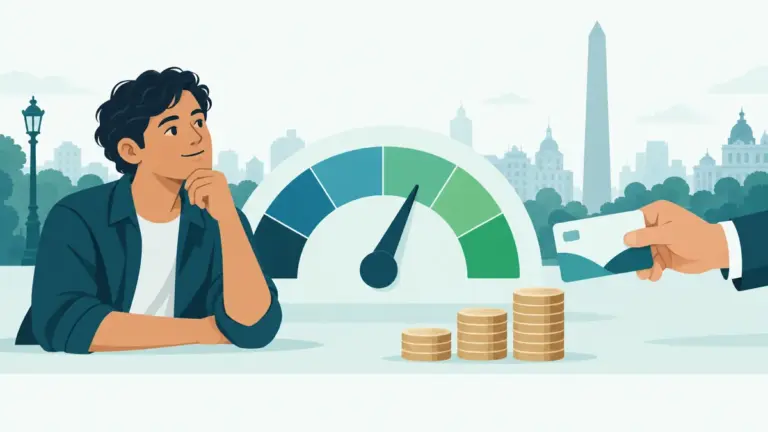 Ilustración de un indicador de historial crediticio que mejora, con Buenos Aires de fondo