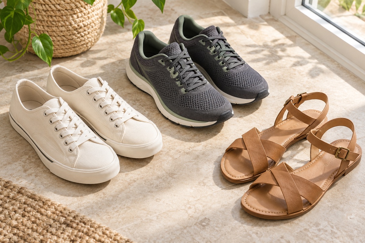 Selección de zapatillas de lona, zapatillas deportivas y sandalias en tonos neutros