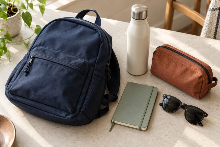 Mochila azul, botella reutilizable, neceser, libreta y gafas de sol sobre una mesa clara
