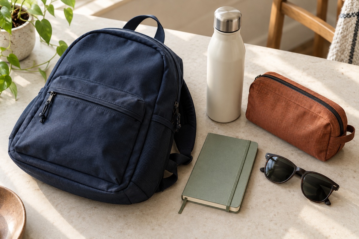 Mochila azul, botella reutilizable, neceser, libreta y gafas de sol sobre una mesa clara