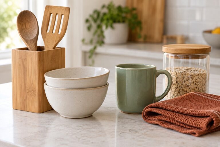 Organizador de bambú, utensilios de madera, cuencos, taza, paño y frasco para la cocina