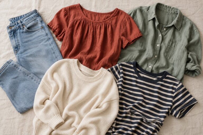 Selección de prendas casuales: vaqueros, blusa terracota, camisa verde, suéter claro y camiseta de rayas