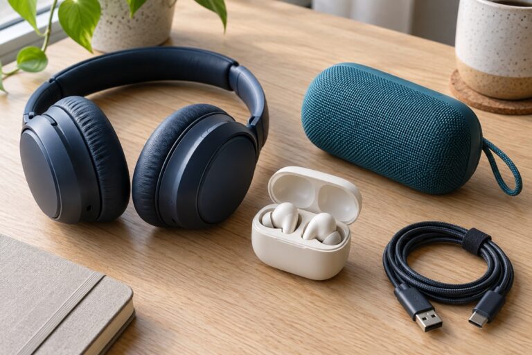 Auriculares de diadema, auriculares inalámbricos con estuche, altavoz portátil y cable USB